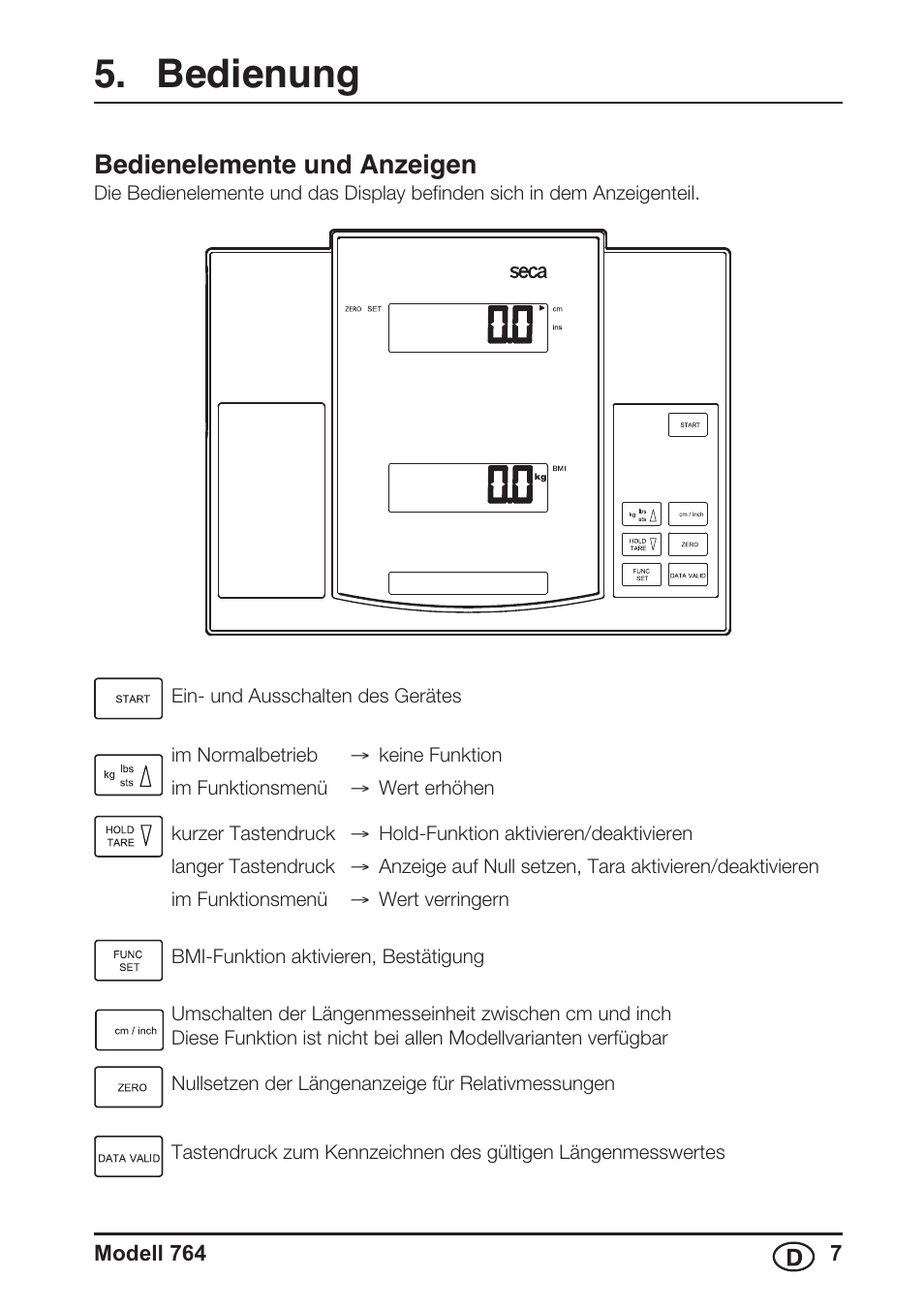 Bedienung, Bedienelemente und anzeigen | Seca 764 User Manual | Page 7 / 189