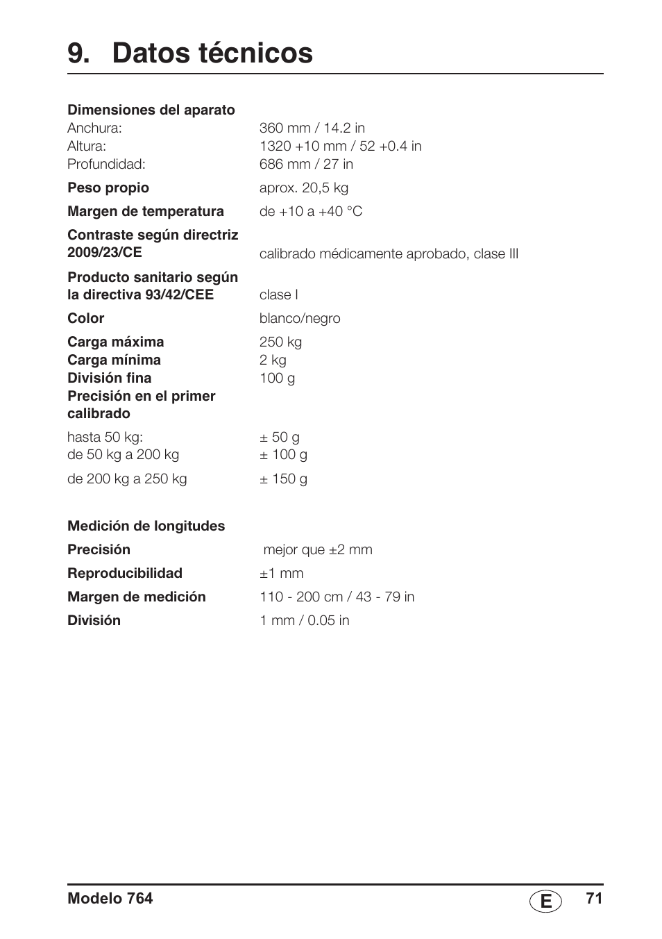 Datos técnicos | Seca 764 User Manual | Page 71 / 189