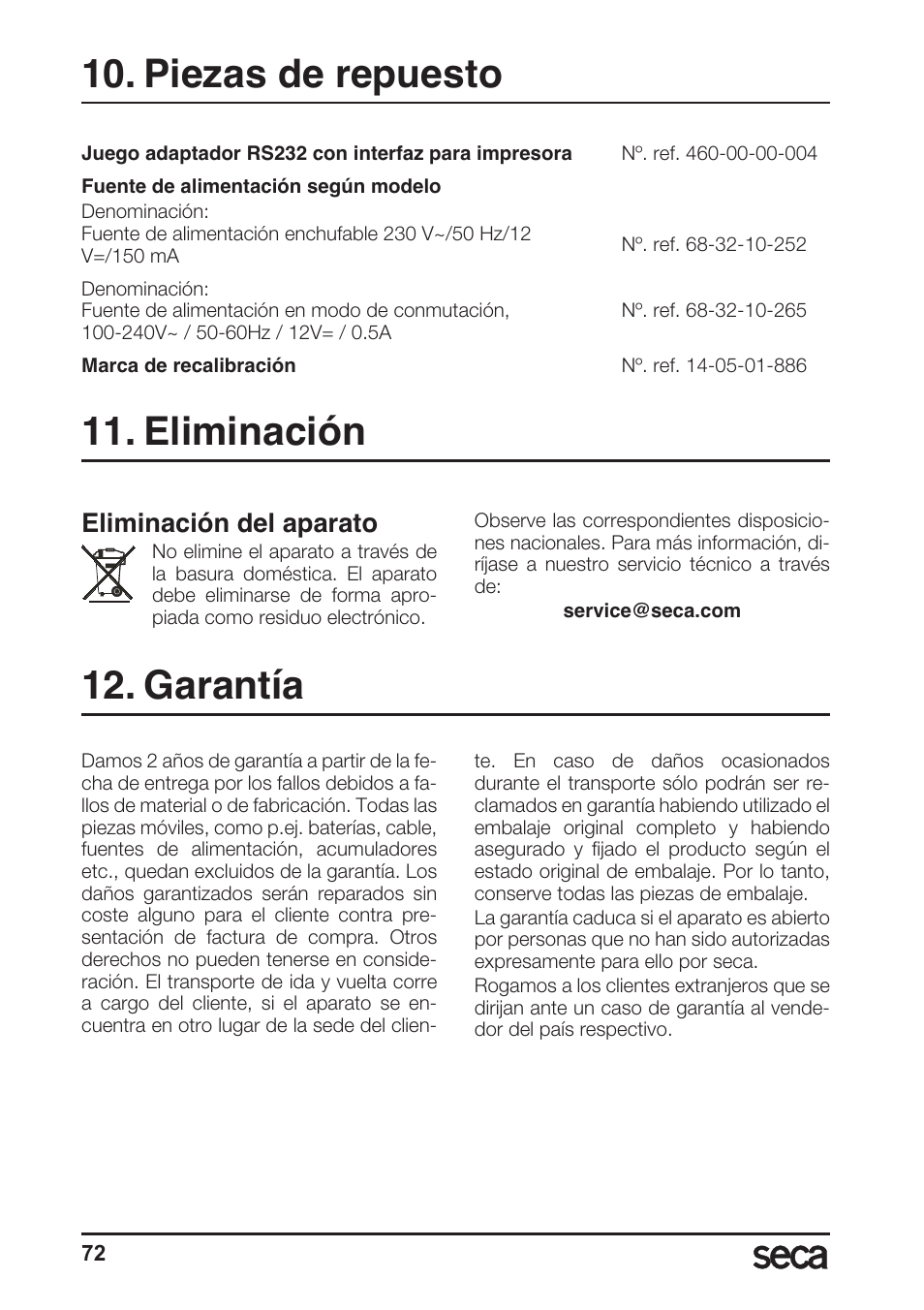 Piezas de repuesto, Eliminación, Garantía | Piezas de repuesto 11. eliminación, Eliminación del aparato | Seca 764 User Manual | Page 72 / 189