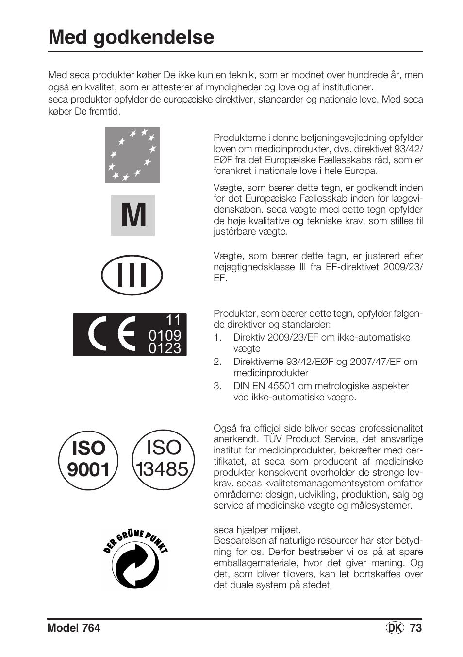 Dansk, Med godkendelse, Iso 9001 | Seca 764 User Manual | Page 73 / 189