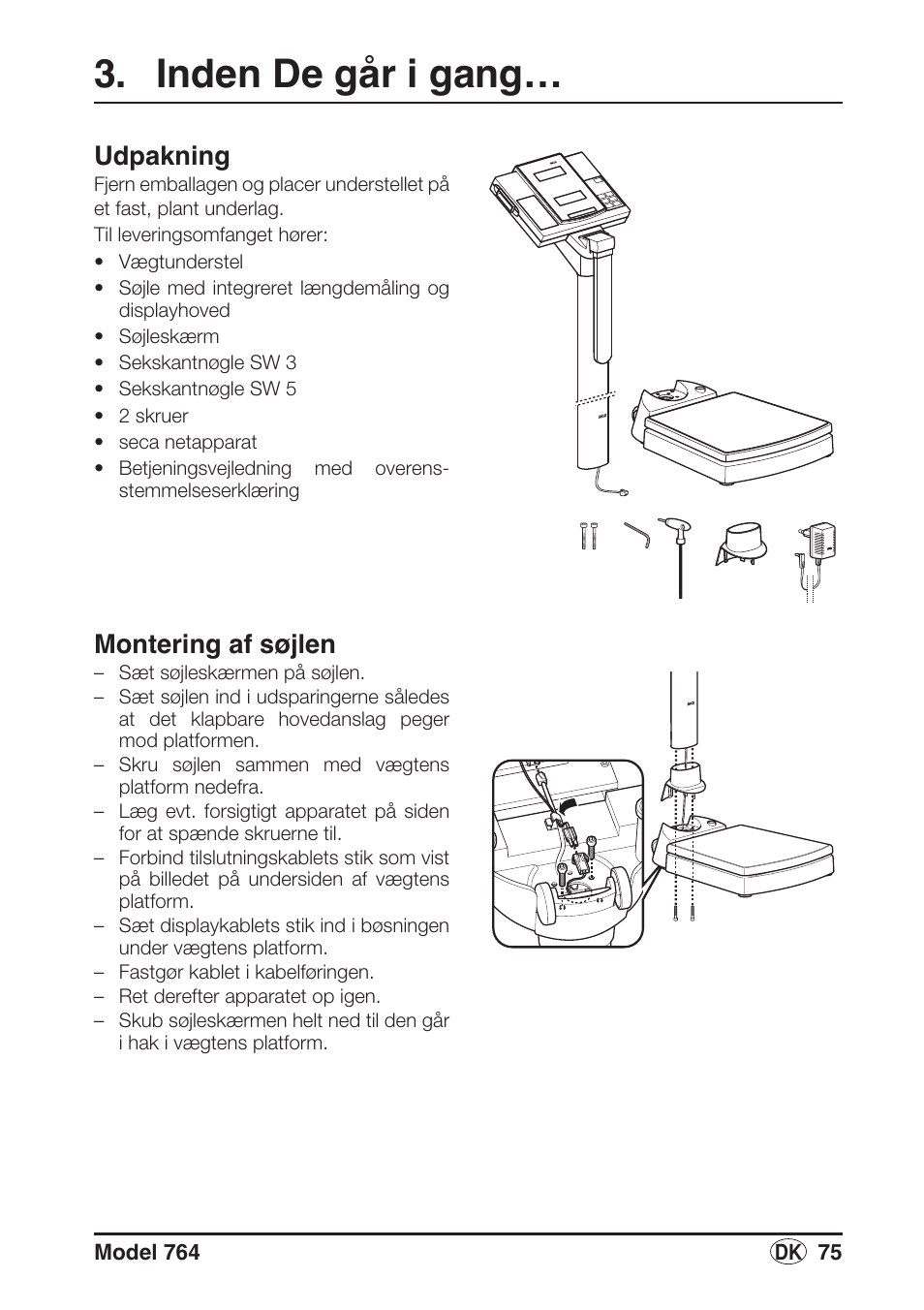 Inden de går i gang, Udpakning, Montering af søjlen | Seca 764 User Manual | Page 75 / 189