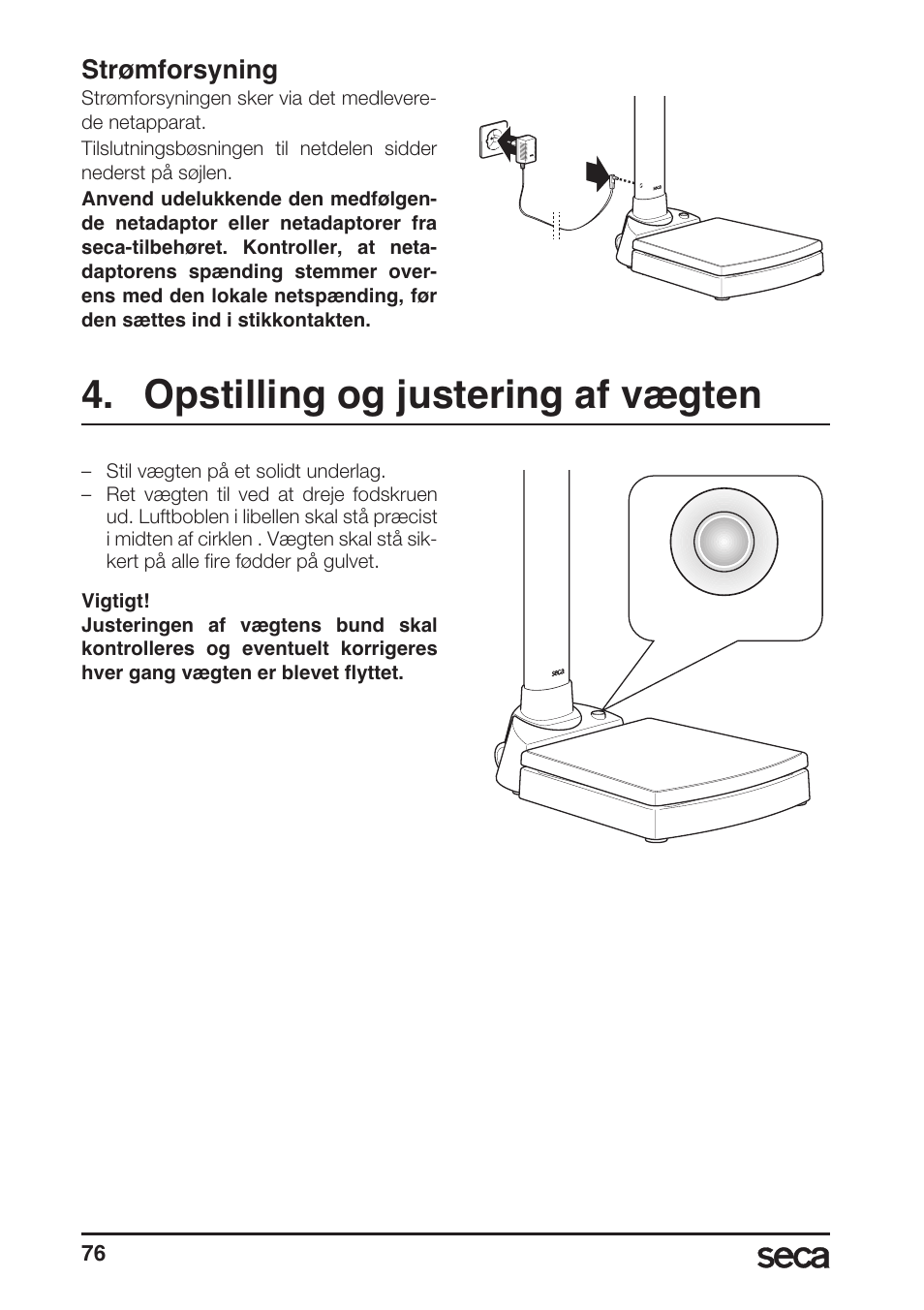 Strømforsyning, Opstilling og justering af vægten | Seca 764 User Manual | Page 76 / 189