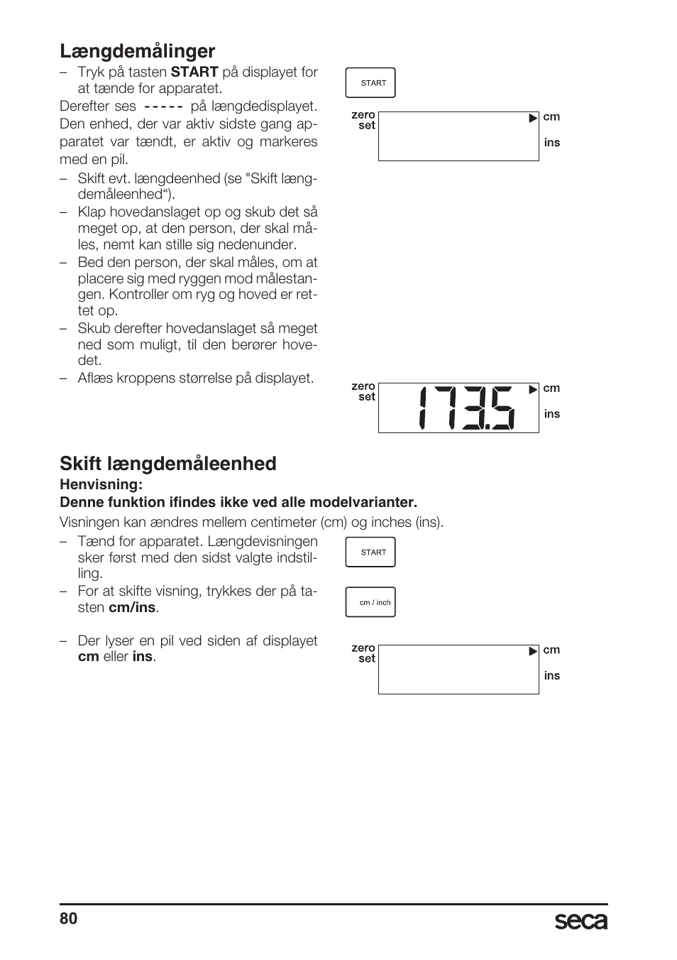 Længdemålinger, Skift længdemåleenhed | Seca 764 User Manual | Page 80 / 189