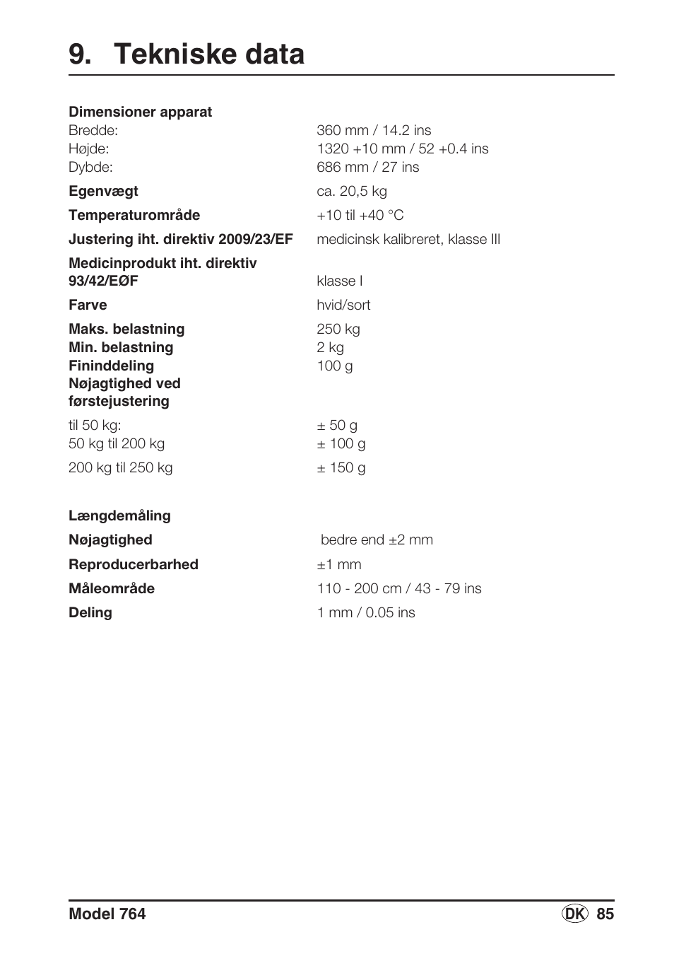 Tekniske data | Seca 764 User Manual | Page 85 / 189