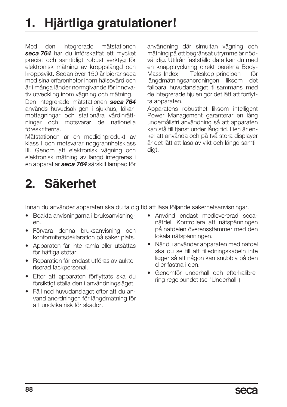 Hjärtliga gratulationer, Säkerhet | Seca 764 User Manual | Page 88 / 189