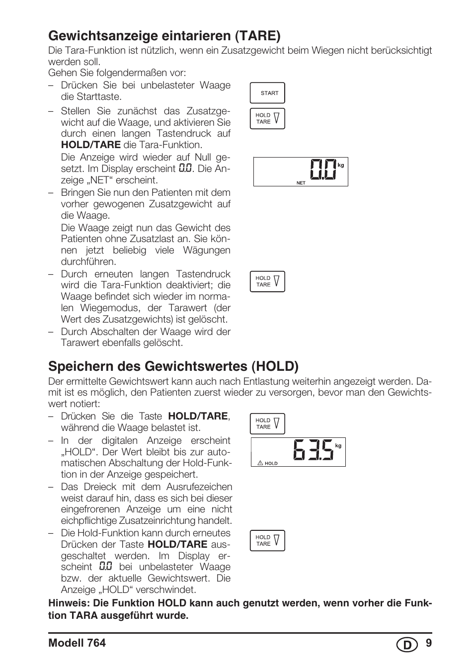 Gewichtsanzeige eintarieren (tare), Speichern des gewichtswertes (hold) | Seca 764 User Manual | Page 9 / 189
