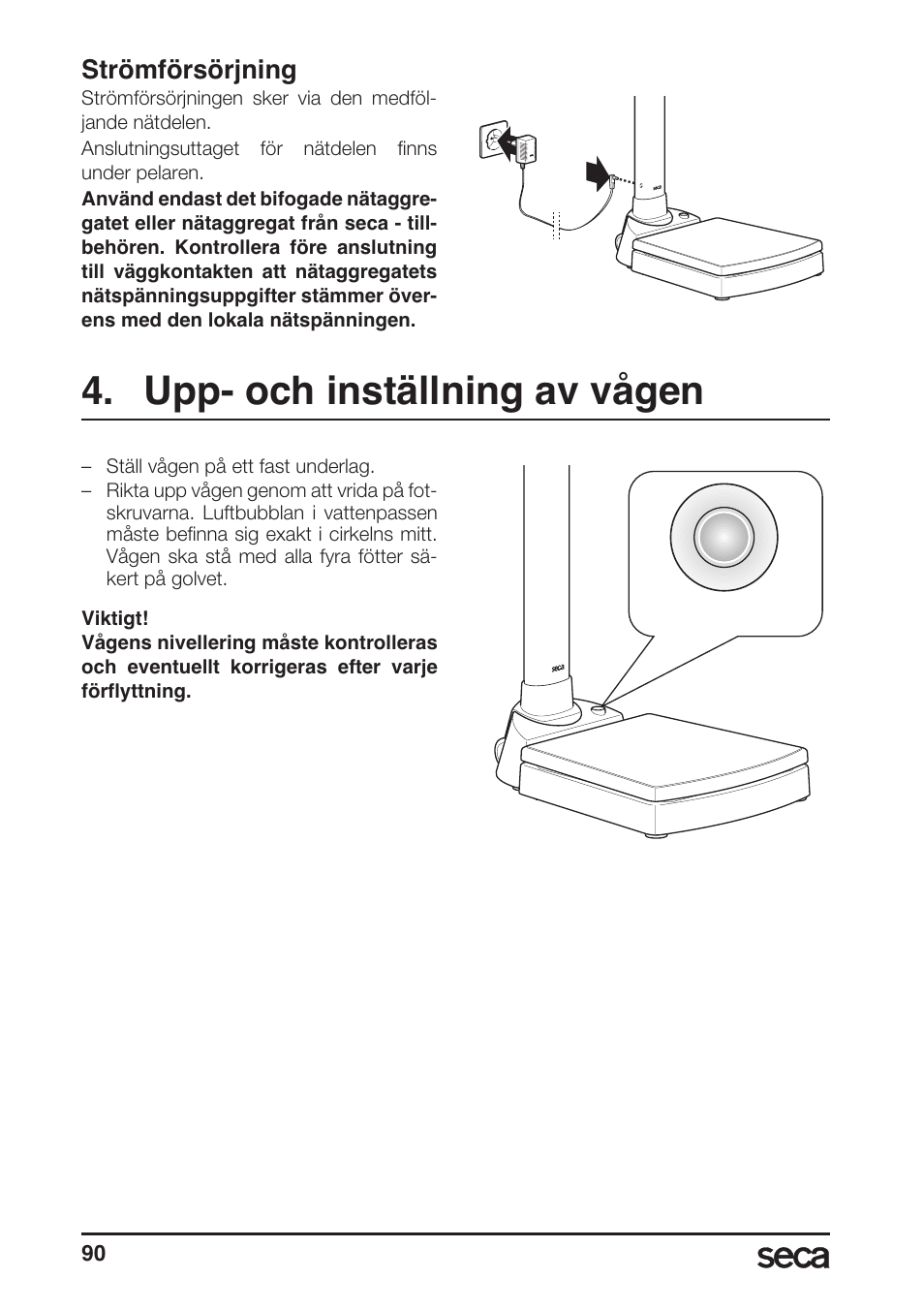 Strömförsörjning, Upp- och inställning av vågen | Seca 764 User Manual | Page 90 / 189