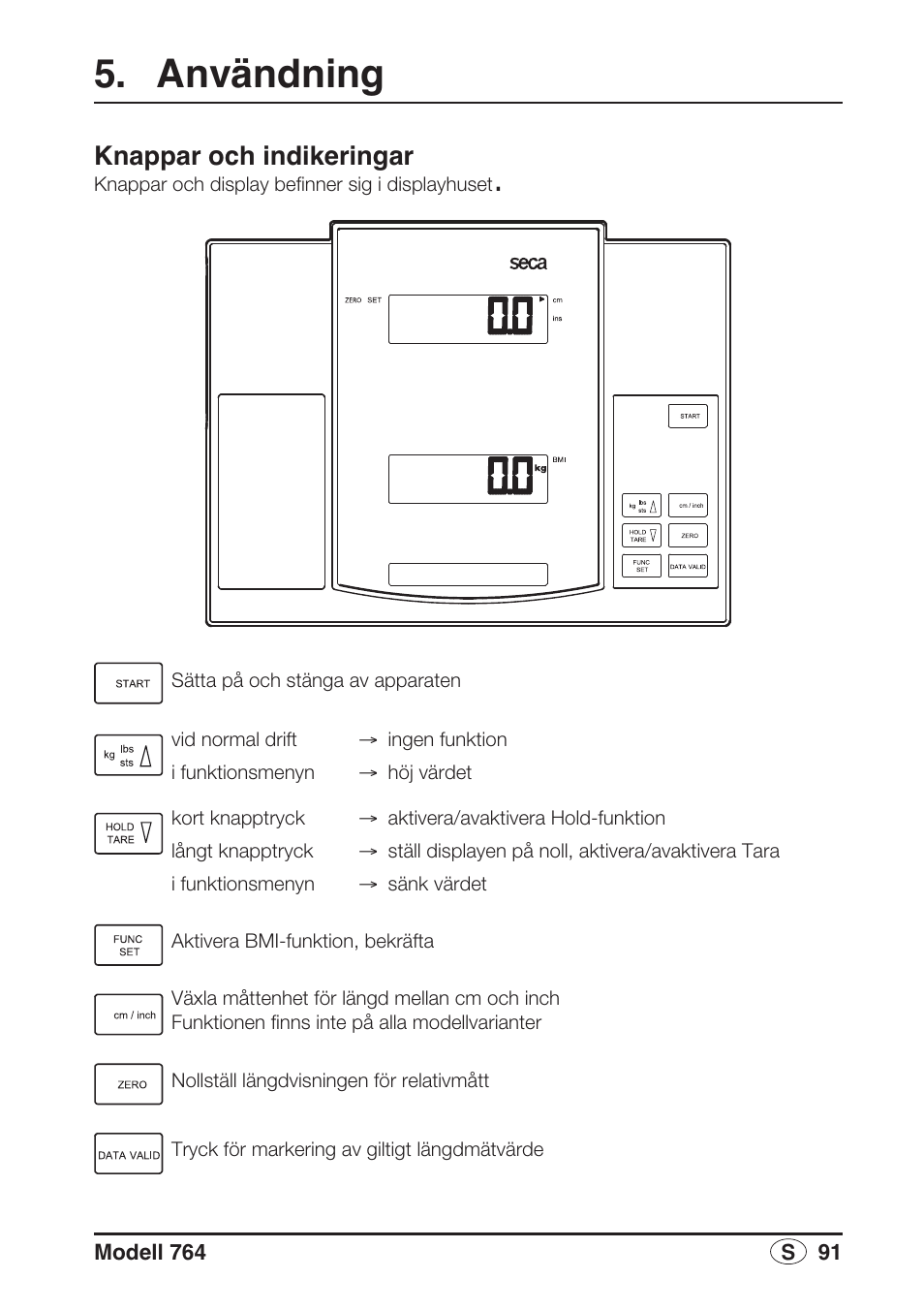 Användning, Knappar och indikeringar | Seca 764 User Manual | Page 91 / 189