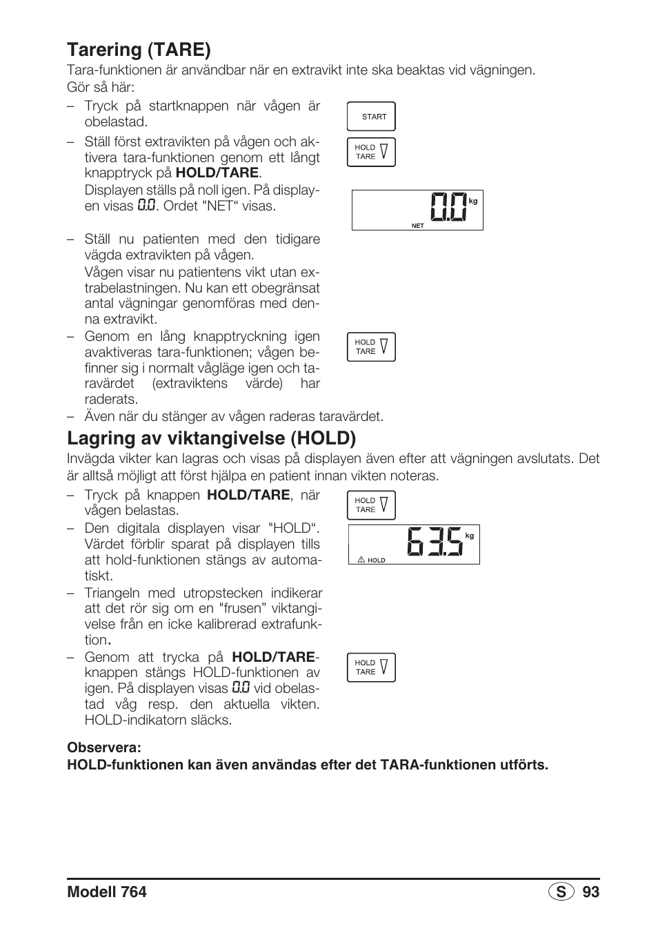 Tarering (tare), Lagring av viktangivelse (hold) | Seca 764 User Manual | Page 93 / 189