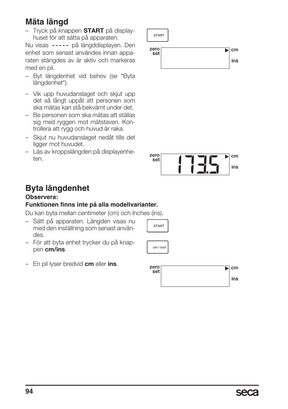 Mäta längd, Byta längdenhet | Seca 764 User Manual | Page 94 / 189