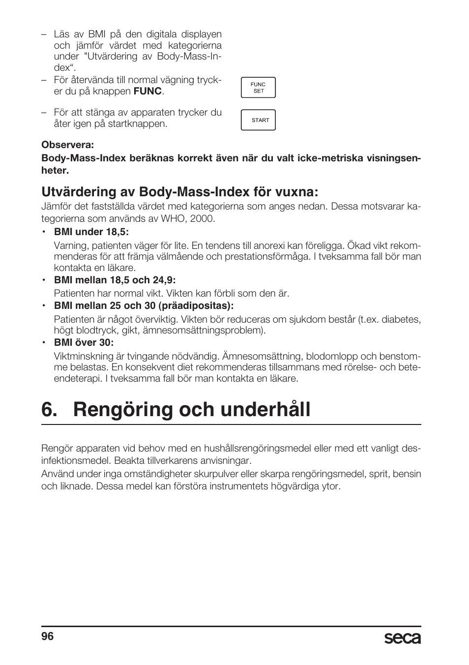 Utvärdering av body-mass-index för vuxna, Rengöring och underhåll | Seca 764 User Manual | Page 96 / 189