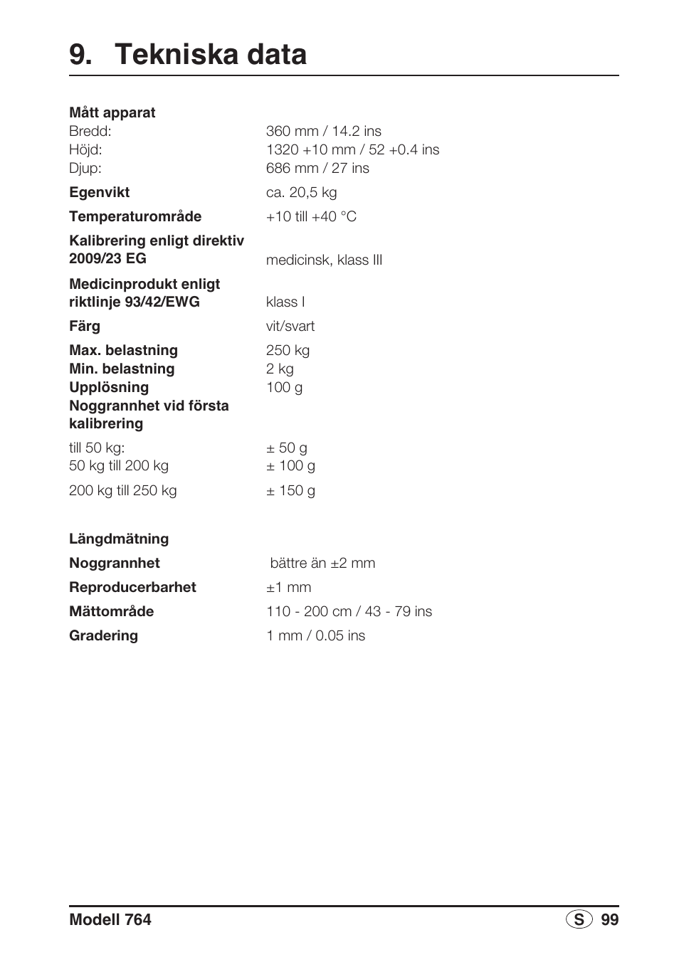 Tekniska data | Seca 764 User Manual | Page 99 / 189