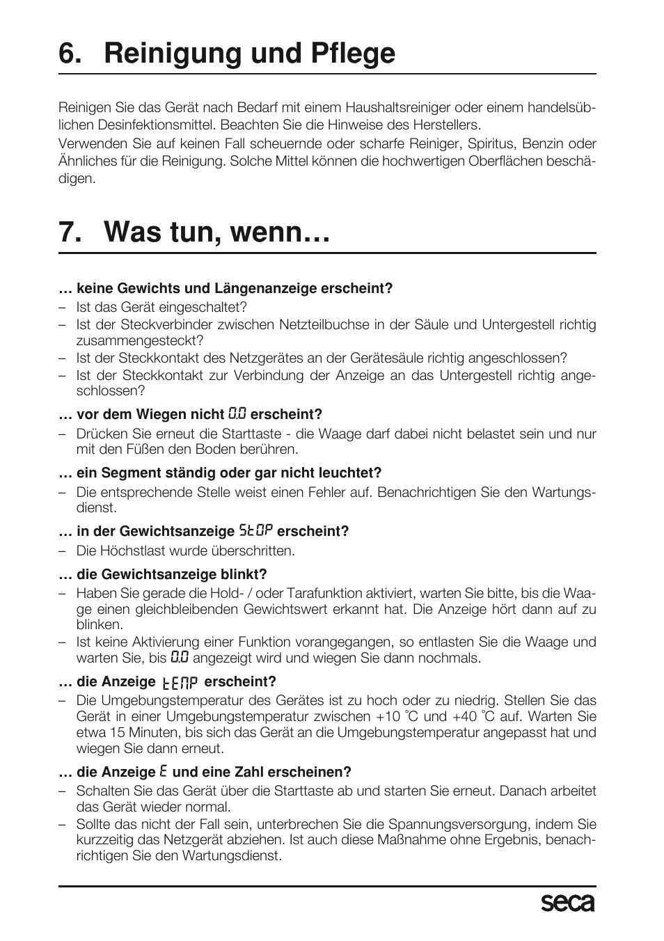 Reinigung und pflege, Was tun, wenn | Seca 763 User Manual | Page 12 / 89