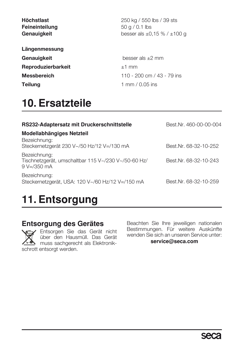 Ersatzteile, Entsorgung, Ersatzteile 11. entsorgung | Entsorgung des gerätes | Seca 763 User Manual | Page 14 / 89
