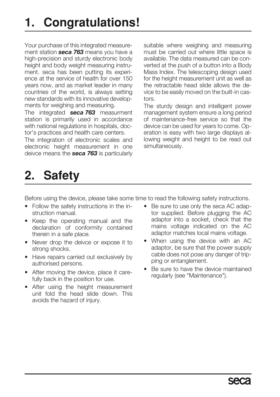 English, Congratulations, Safety | Seca 763 User Manual | Page 16 / 89