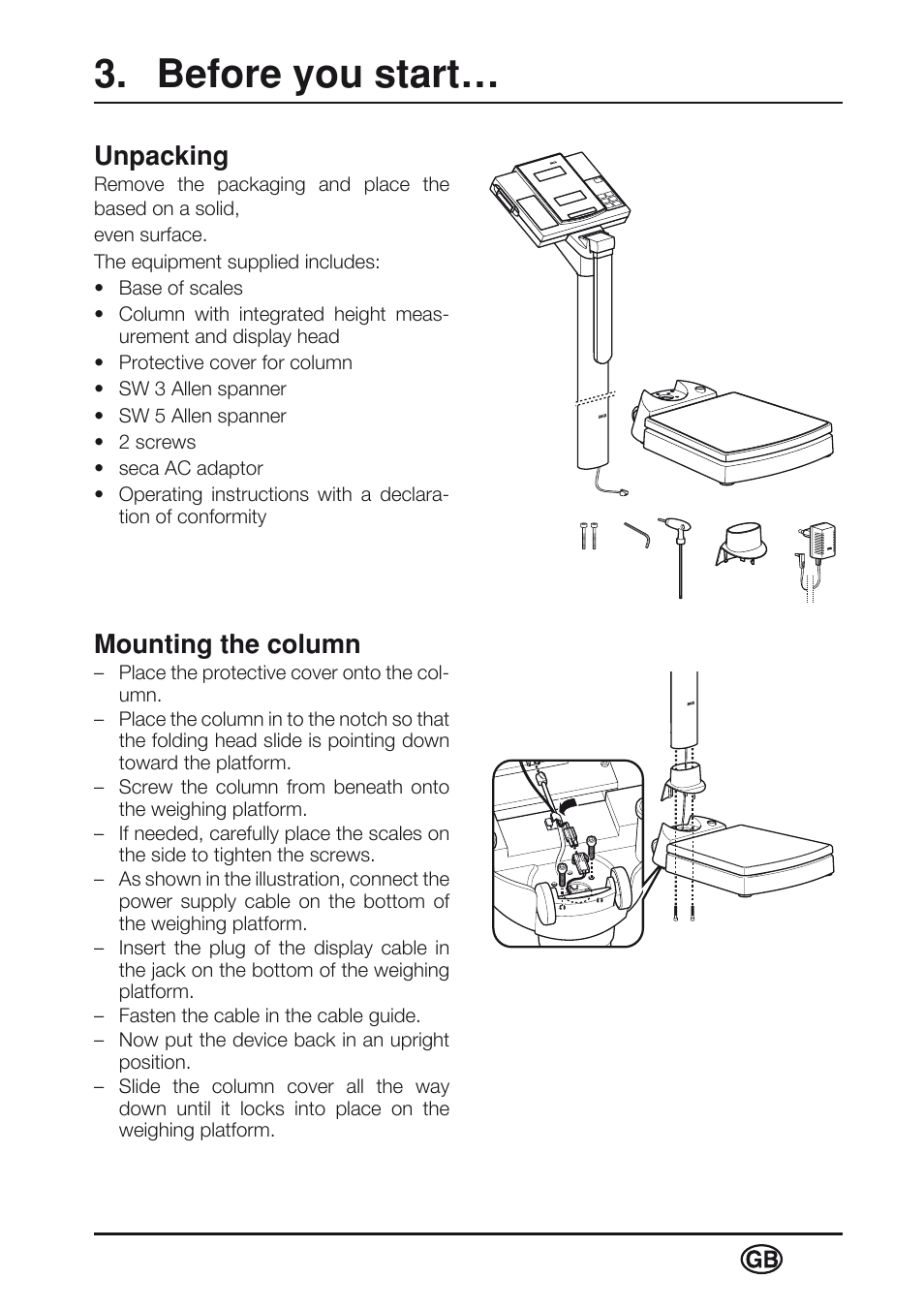 Before you start, Unpacking, Mounting the column | Seca 763 User Manual | Page 17 / 89