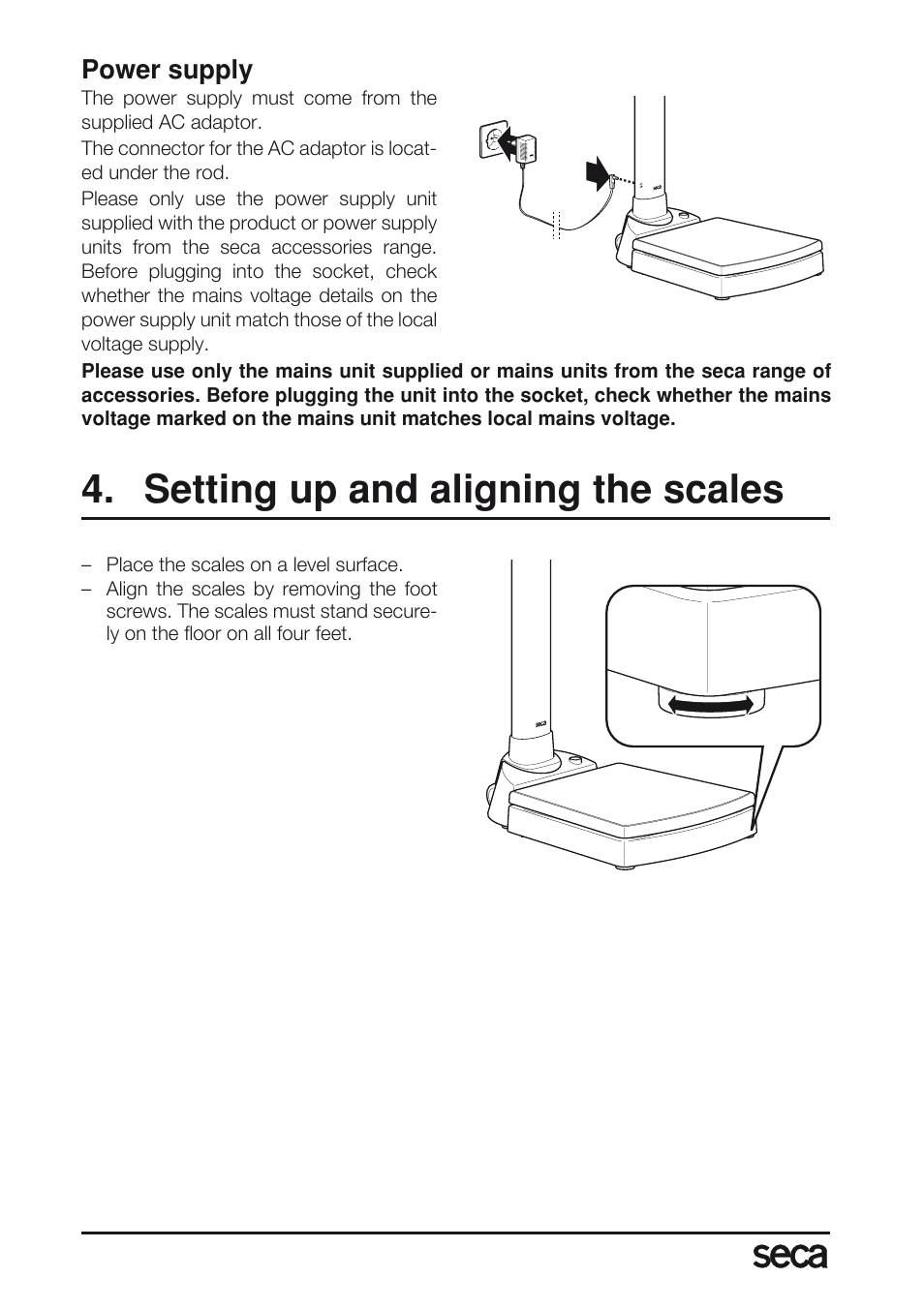 Power supply, Setting up and aligning the scales | Seca 763 User Manual | Page 18 / 89