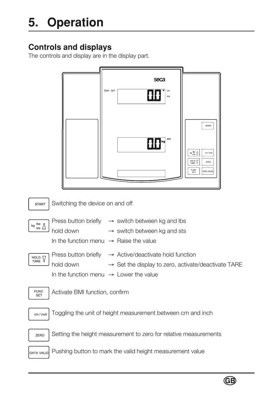 Operation, Controls and displays | Seca 763 User Manual | Page 19 / 89