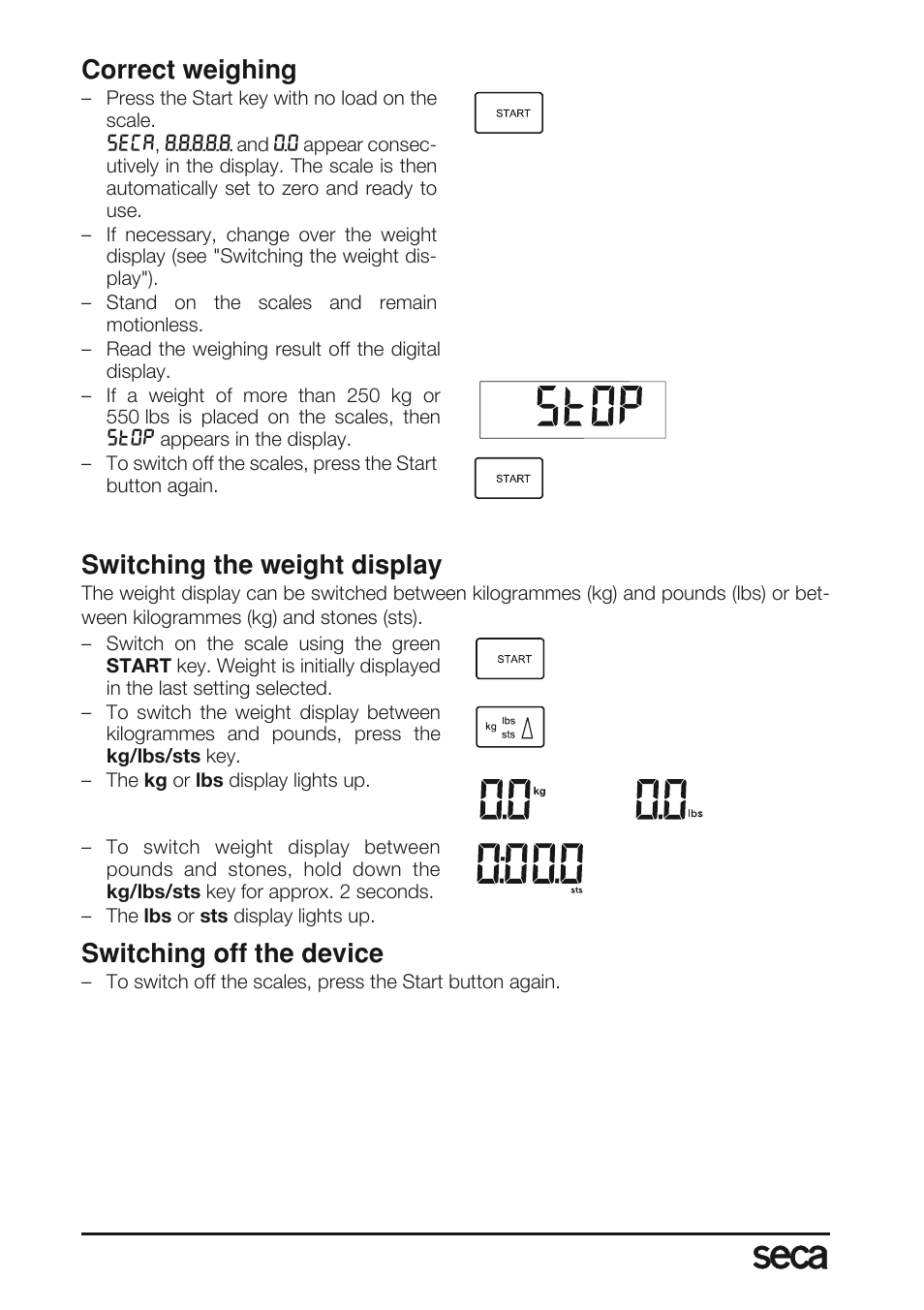 Correct weighing, Switching the weight display, Switching off the device | Seca 763 User Manual | Page 20 / 89