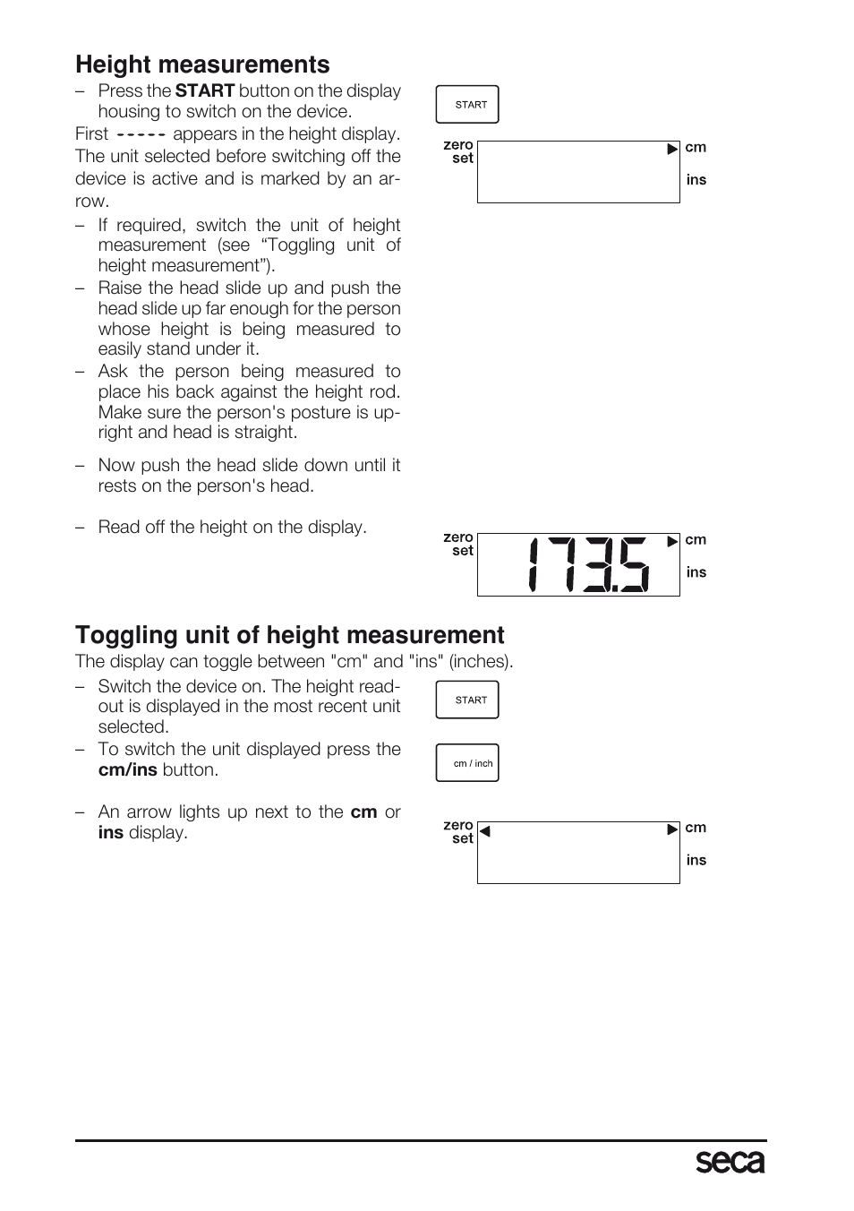 Height measurements, Toggling unit of height measurement | Seca 763 User Manual | Page 22 / 89