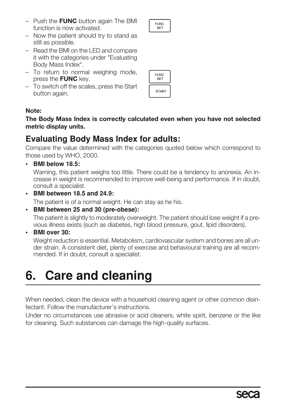 Evaluating body mass index for adults, Care and cleaning | Seca 763 User Manual | Page 24 / 89