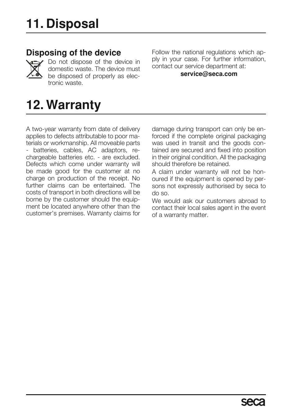 Disposal, Warranty, Disposing of the device | Seca 763 User Manual | Page 28 / 89