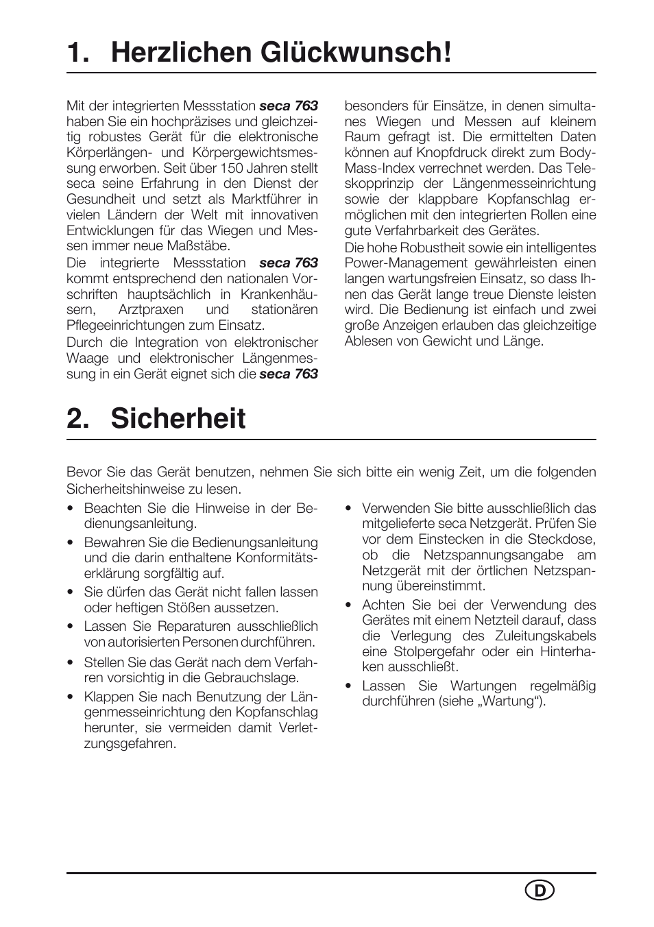 Herzlichen glückwunsch, Sicherheit | Seca 763 User Manual | Page 3 / 89