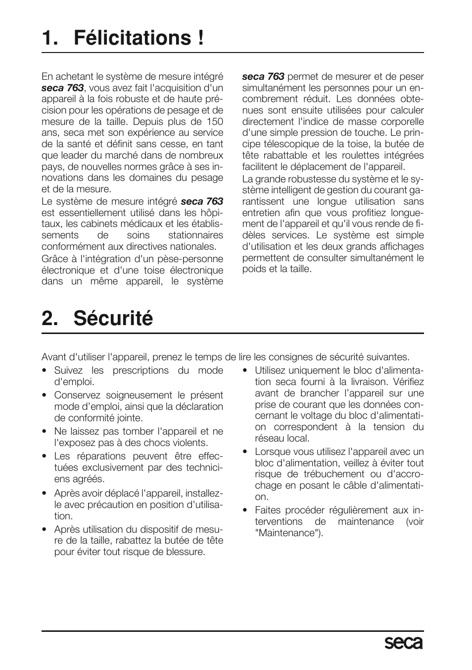 Français, Félicitations, Sécurité | Seca 763 User Manual | Page 30 / 89