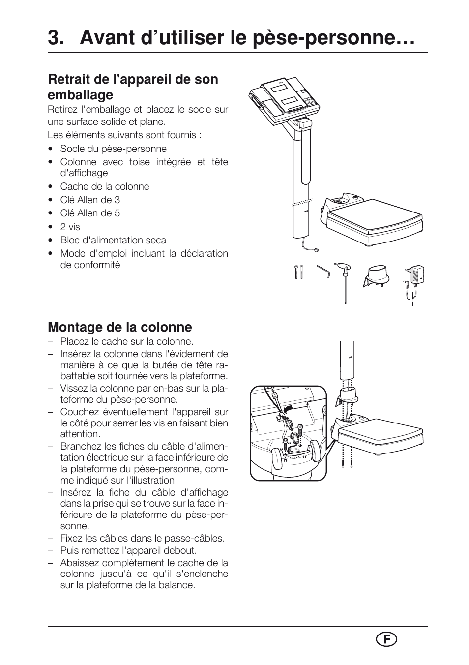 Avant d’utiliser le pèse-personne, Retrait de l'appareil de son emballage, Montage de la colonne | Seca 763 User Manual | Page 31 / 89