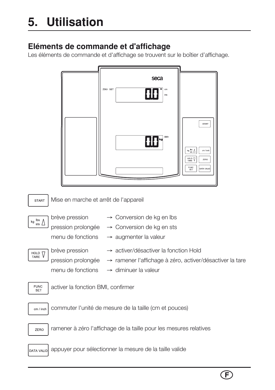 Utilisation, Eléments de commande et d'affichage | Seca 763 User Manual | Page 33 / 89
