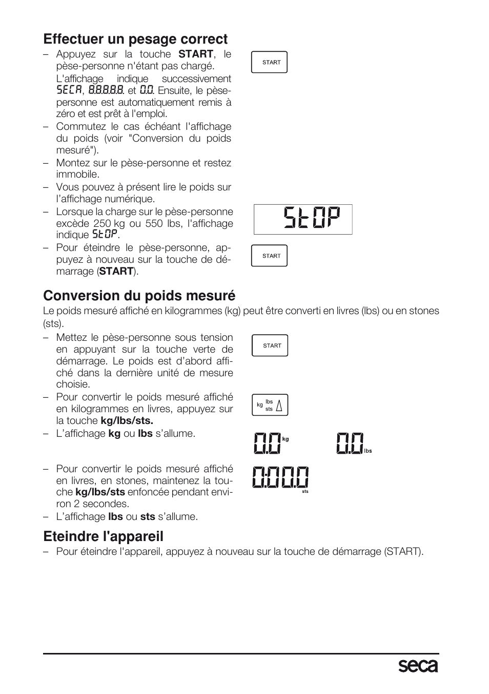 Effectuer un pesage correct, Conversion du poids mesuré, Eteindre l'appareil | Seca 763 User Manual | Page 34 / 89