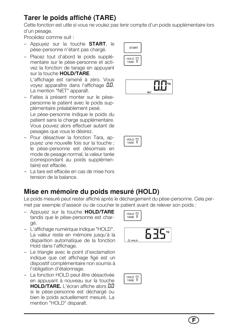 Tarer le poids affiché (tare), Mise en mémoire du poids mesuré (hold) | Seca 763 User Manual | Page 35 / 89
