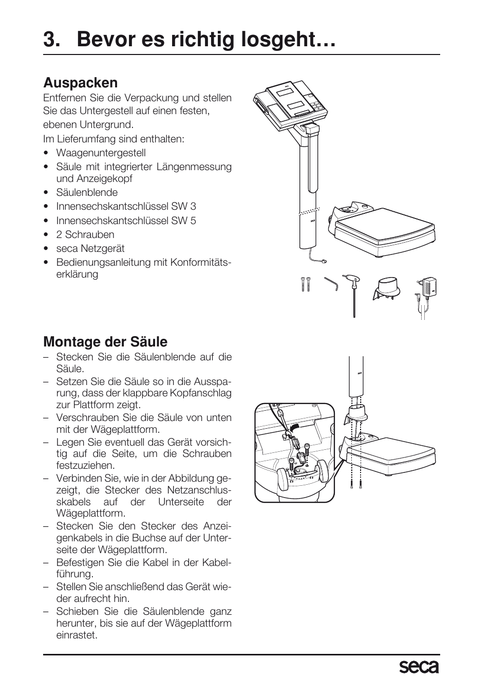 Bevor es richtig losgeht, Auspacken, Montage der säule | Seca 763 User Manual | Page 4 / 89