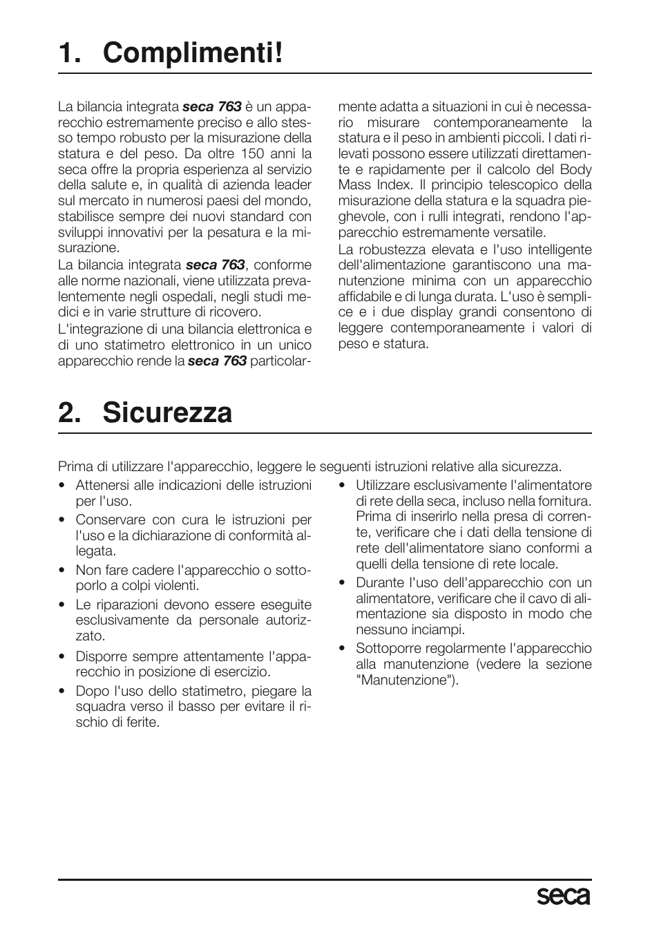 Italiano, Complimenti, Sicurezza | Seca 763 User Manual | Page 44 / 89
