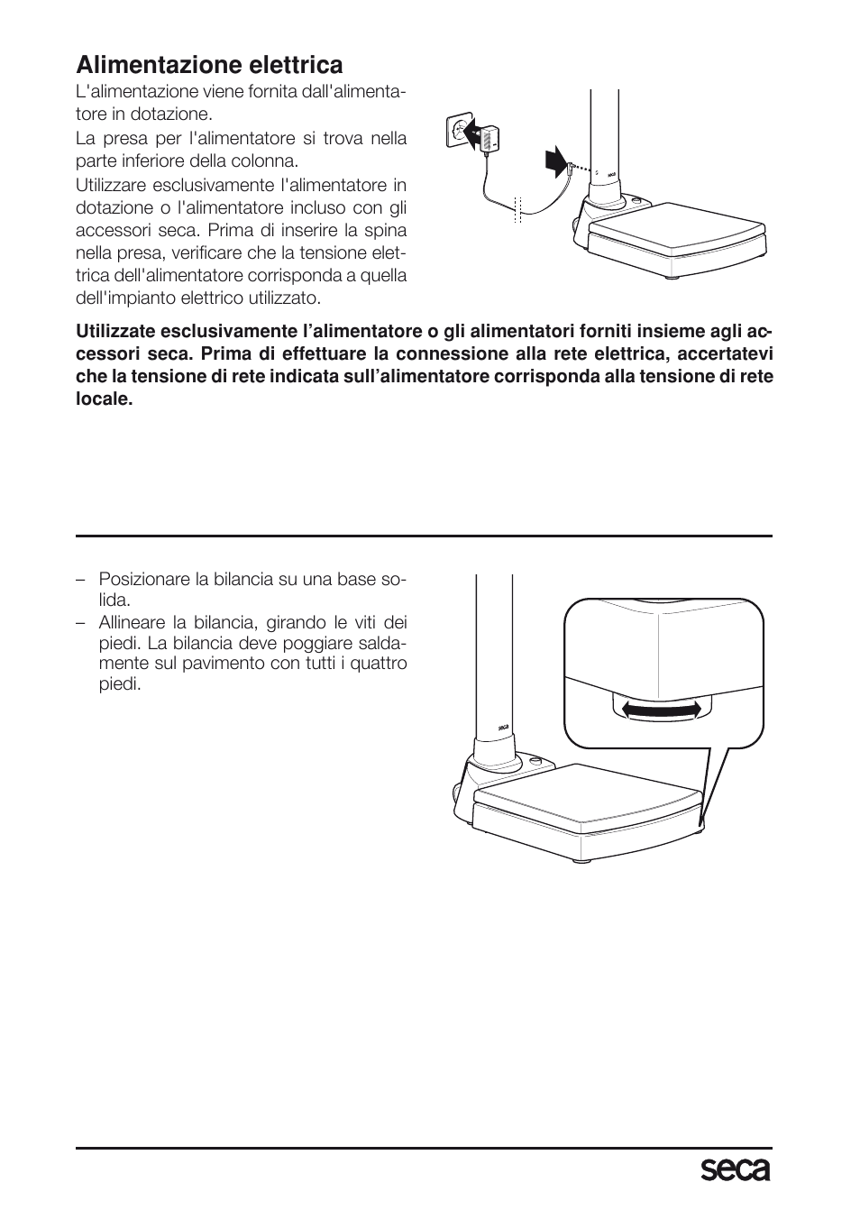 Alimentazione elettrica, Posizionamento e allineamento della bilancia | Seca 763 User Manual | Page 46 / 89