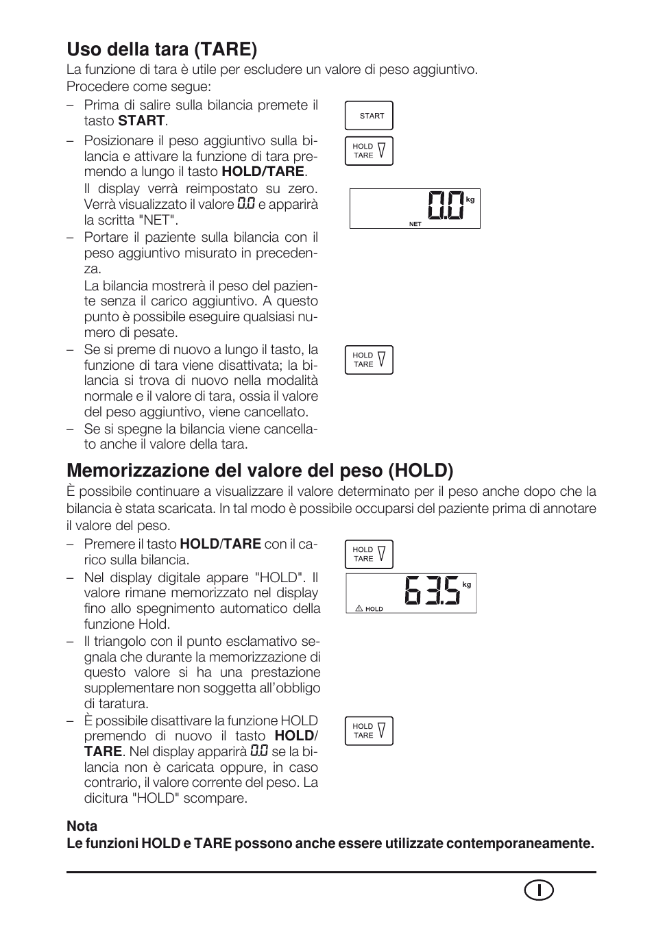 Uso della tara (tare), Memorizzazione del valore del peso (hold) | Seca 763 User Manual | Page 49 / 89