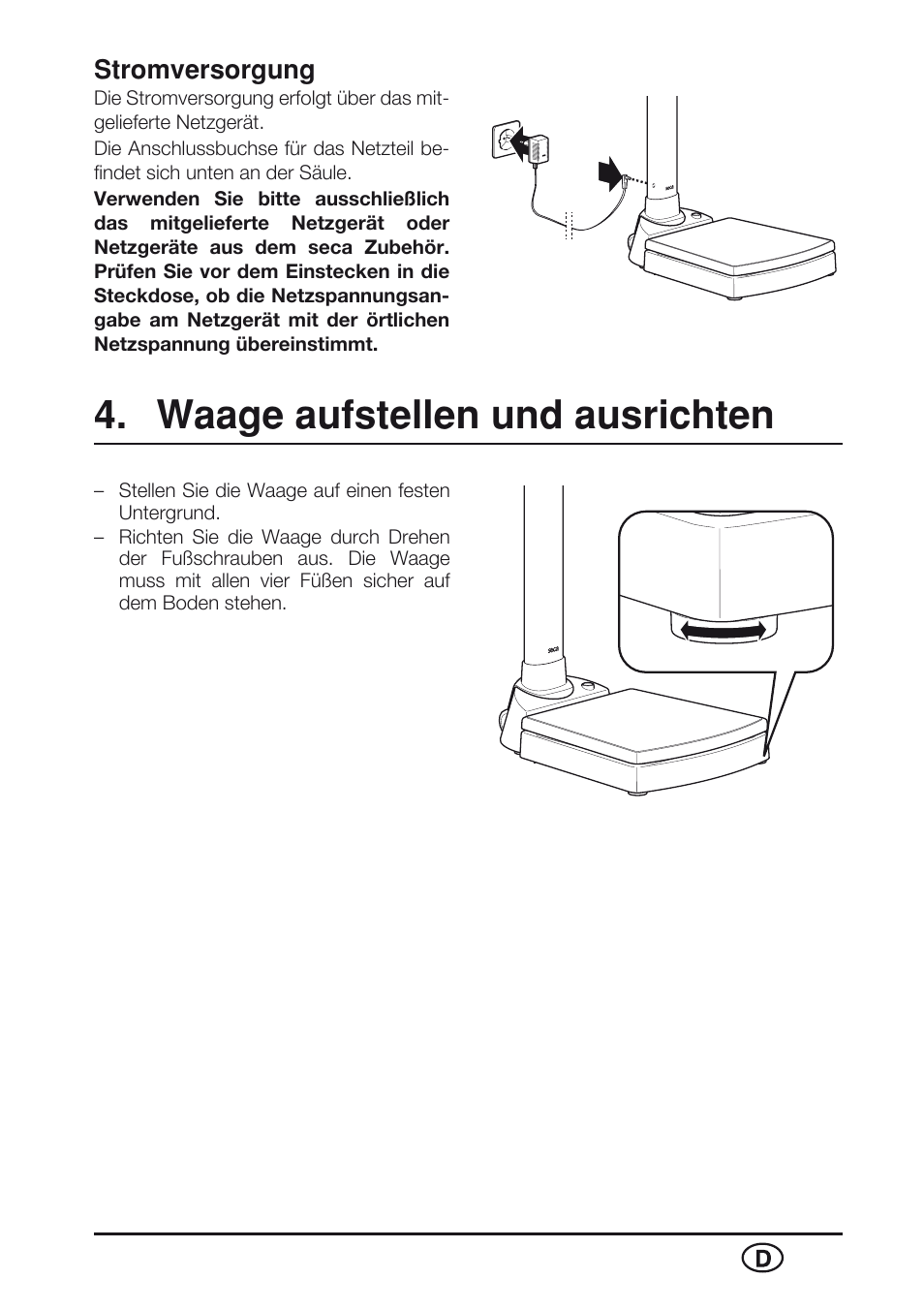 Stromversorgung, Waage aufstellen und ausrichten | Seca 763 User Manual | Page 5 / 89