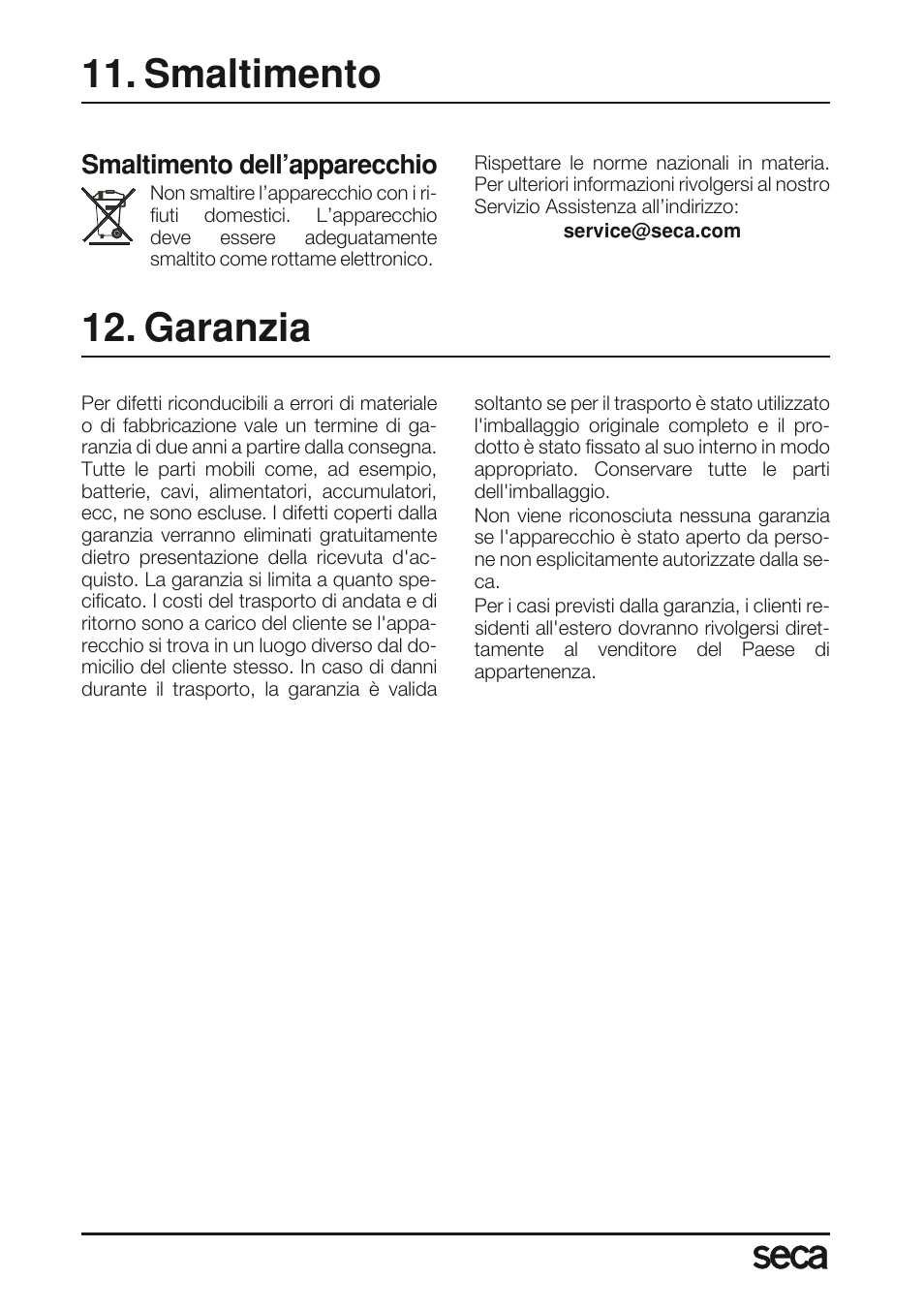 Smaltimento, Garanzia, Smaltimento dell’apparecchio | Seca 763 User Manual | Page 56 / 89
