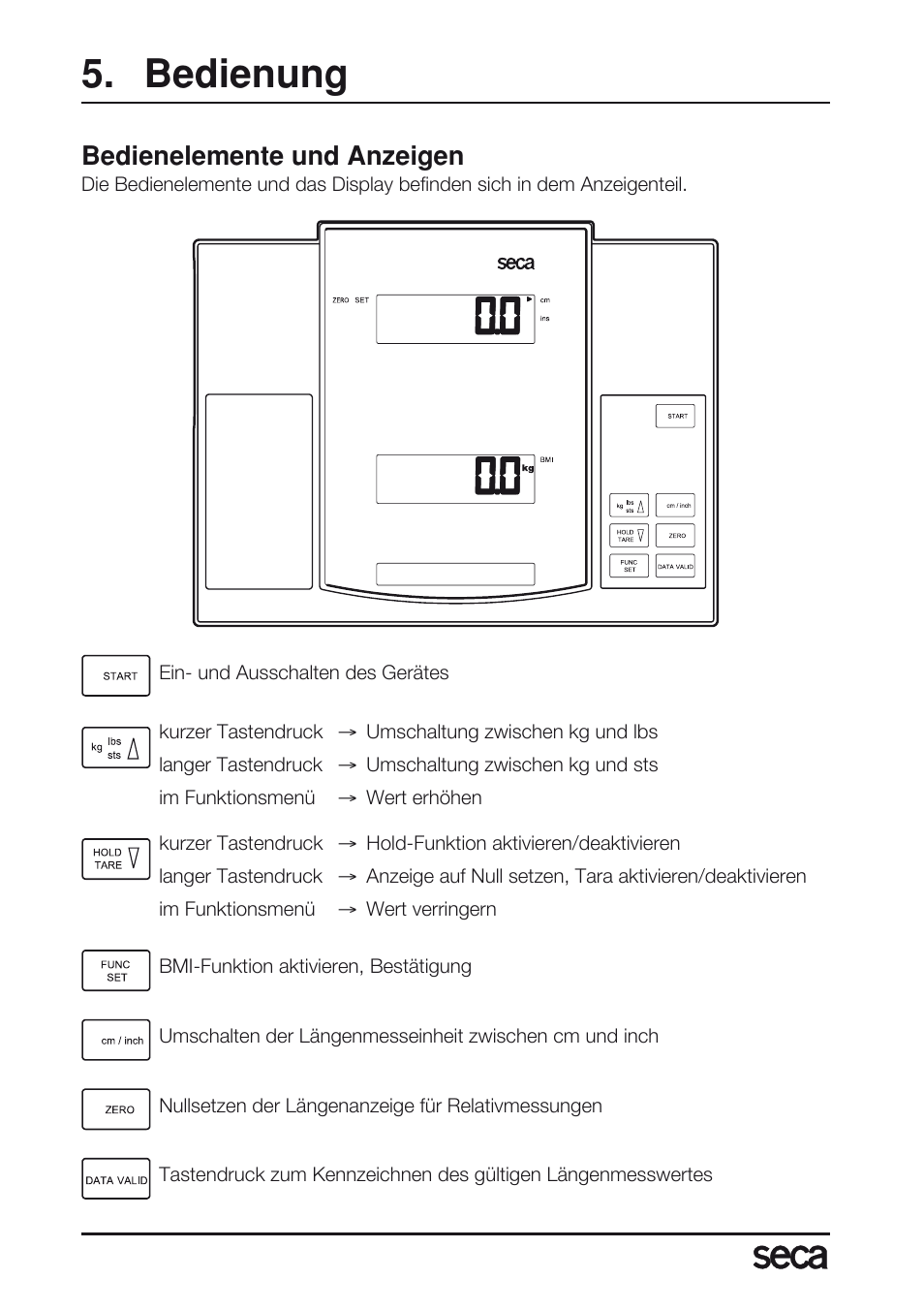 Bedienung, Bedienelemente und anzeigen | Seca 763 User Manual | Page 6 / 89