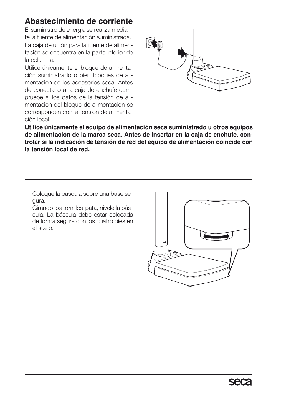 Abastecimiento de corriente, Colocación y nivelación de la báscula | Seca 763 User Manual | Page 60 / 89