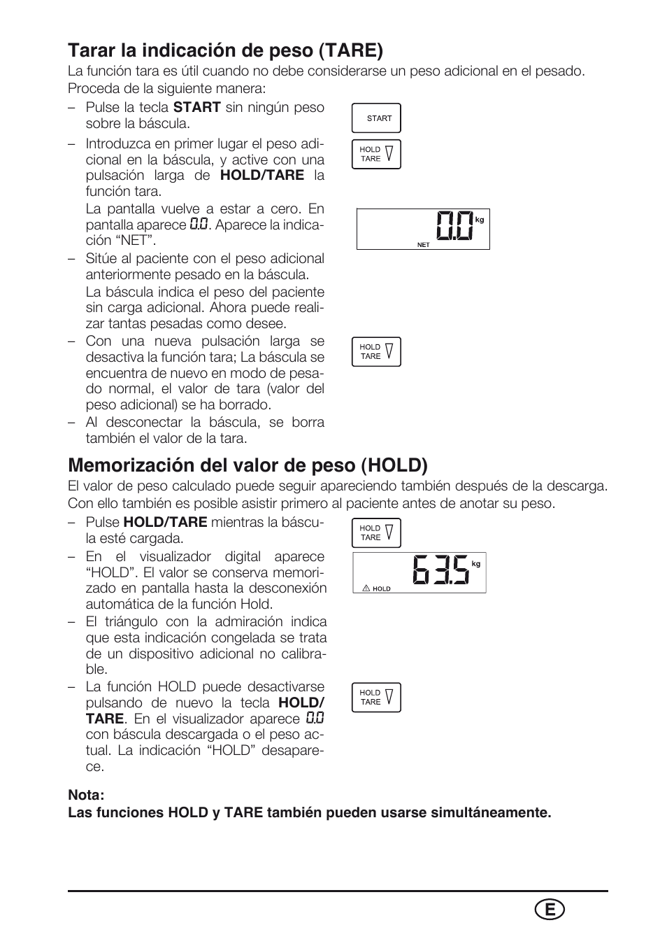 Tarar la indicación de peso (tare), Memorización del valor de peso (hold) | Seca 763 User Manual | Page 63 / 89