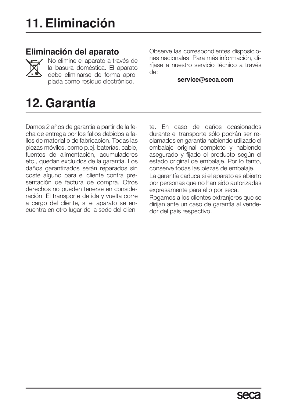 Eliminación, Garantía, Eliminación del aparato | Seca 763 User Manual | Page 70 / 89