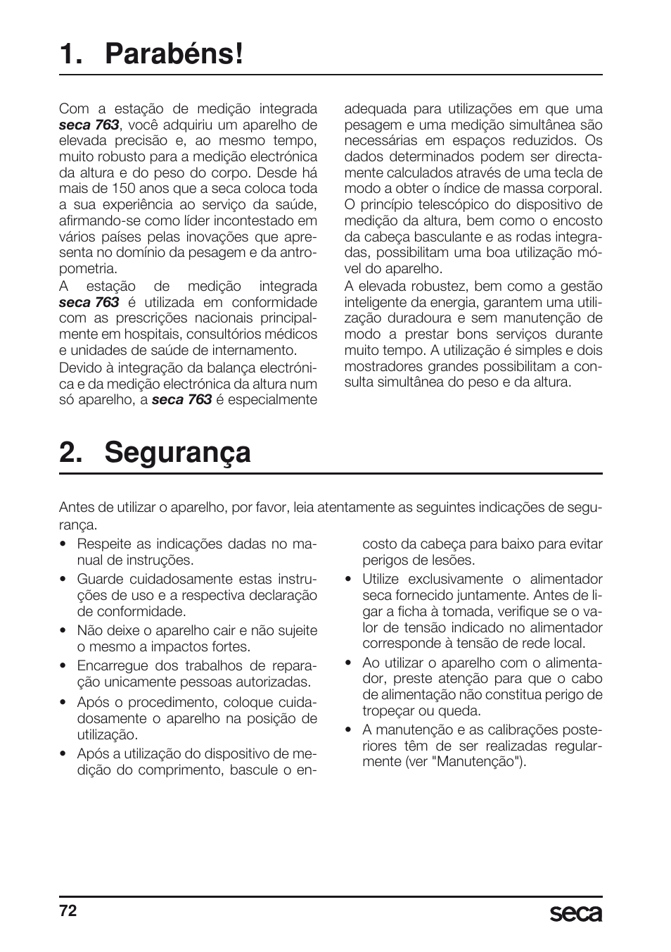 Português, Parabéns, Segurança | Seca 763 User Manual | Page 72 / 89