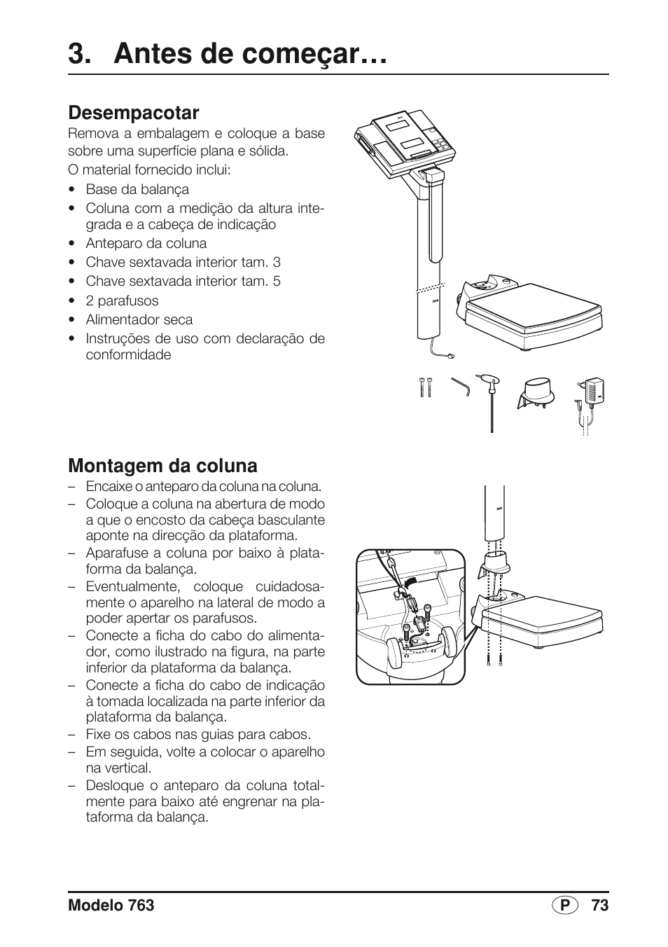Antes de começar, Desempacotar, Montagem da coluna | Seca 763 User Manual | Page 73 / 89