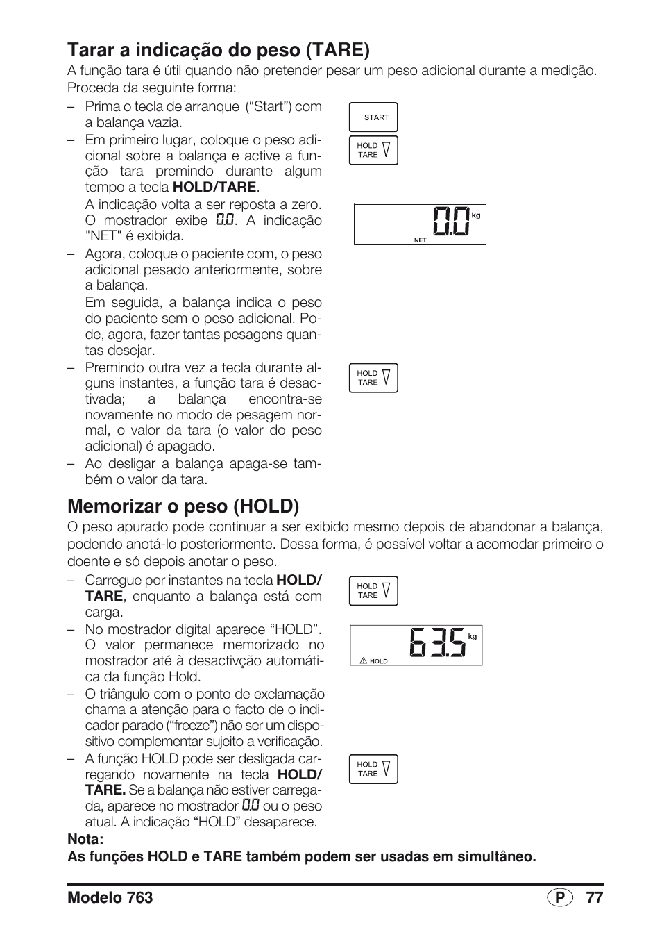 Tarar a indicação do peso (tare), Memorizar o peso (hold) | Seca 763 User Manual | Page 77 / 89