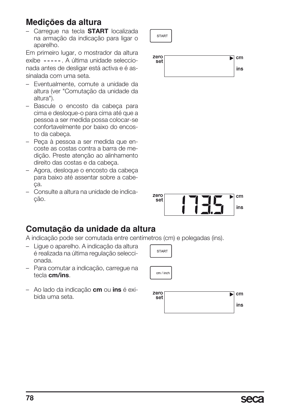 Medições da altura, Comutação da unidade da altura | Seca 763 User Manual | Page 78 / 89