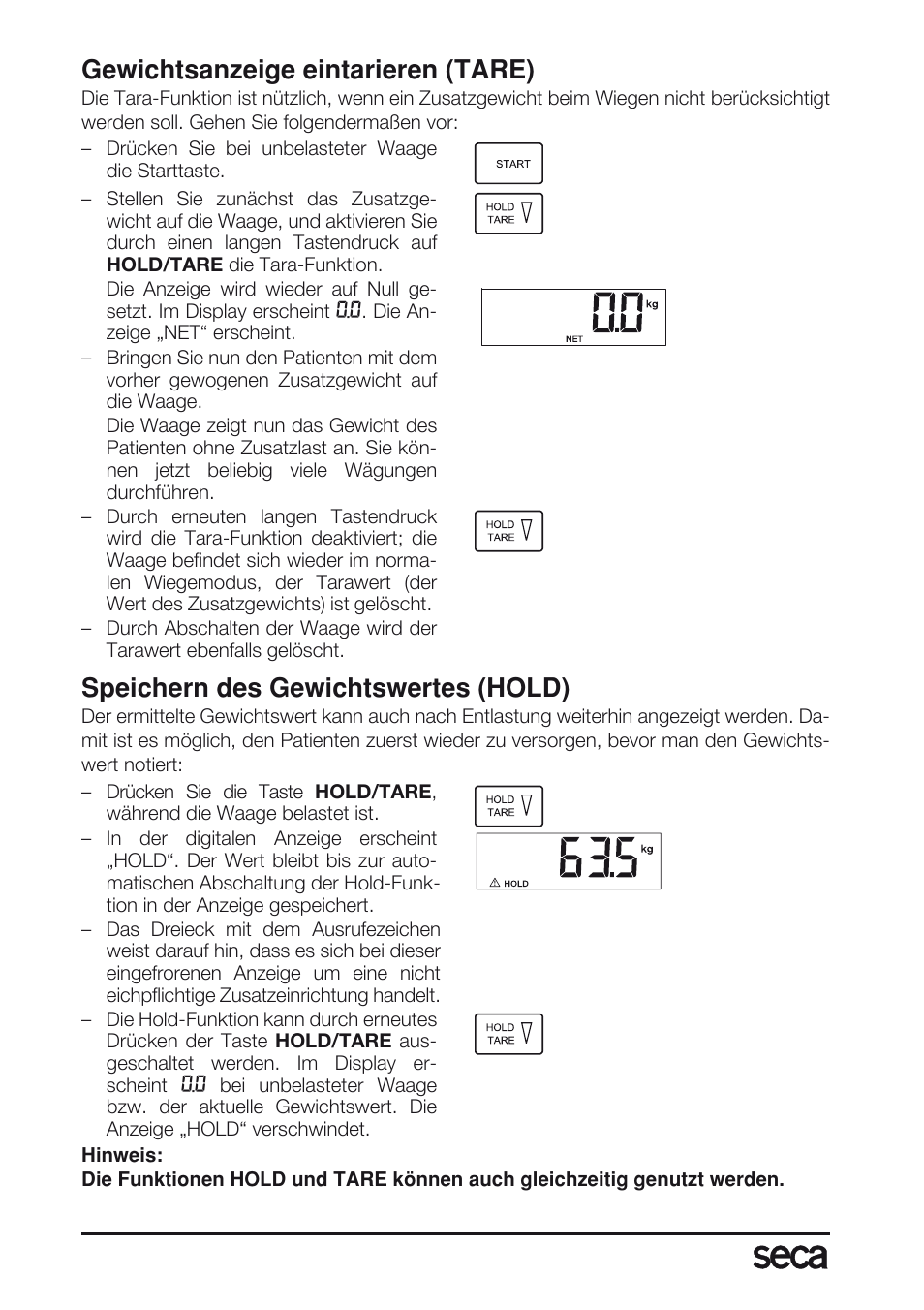 Gewichtsanzeige eintarieren (tare), Speichern des gewichtswertes (hold) | Seca 763 User Manual | Page 8 / 89
