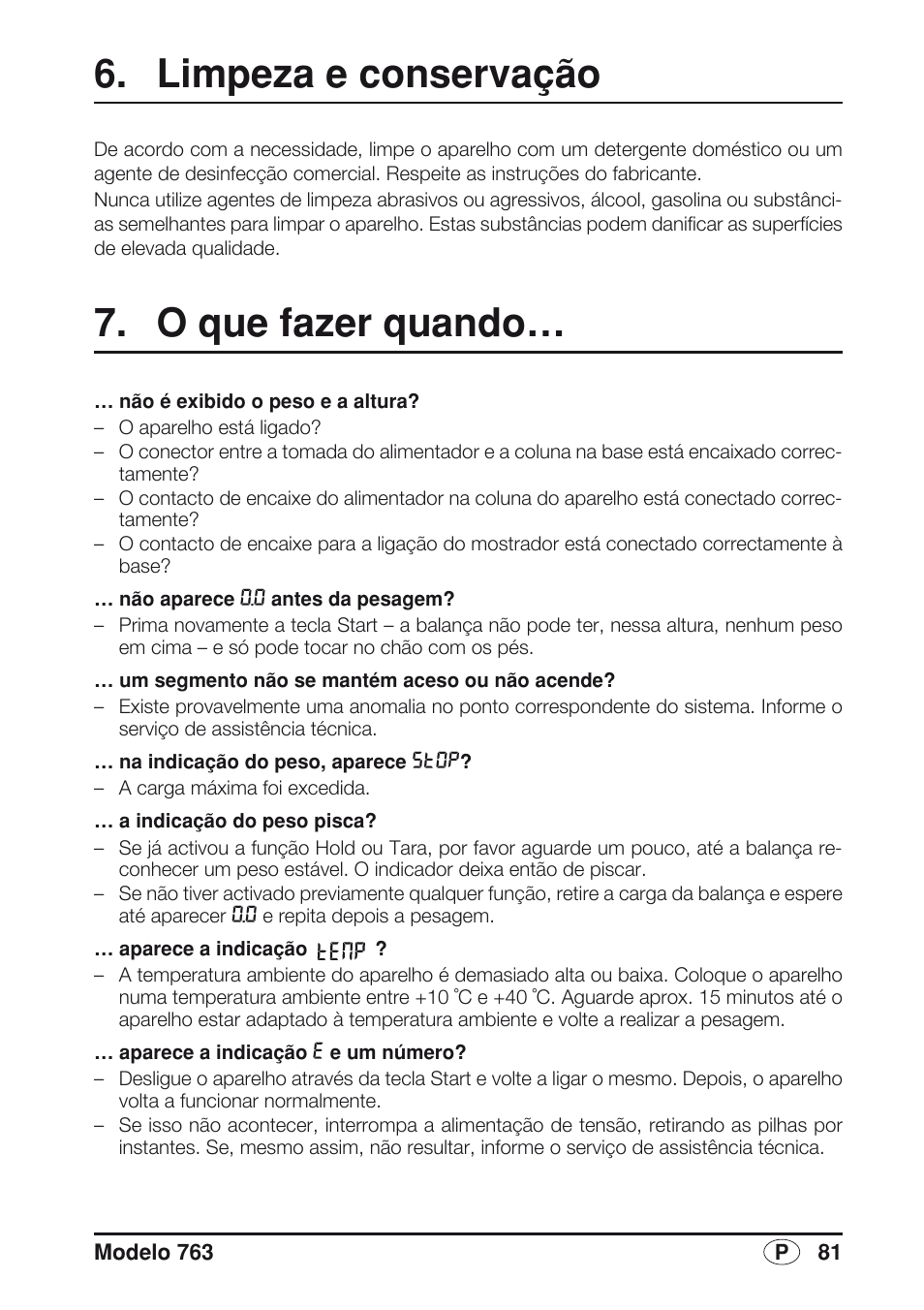 Limpeza e conservação, O que fazer quando | Seca 763 User Manual | Page 81 / 89