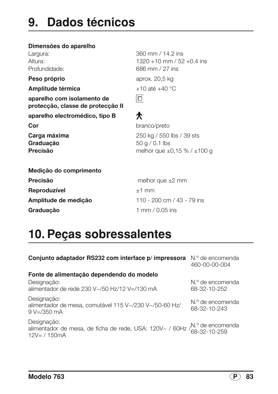 Dados técnicos, Peças sobressalentes, Dados técnicos 10. peças sobressalentes | Seca 763 User Manual | Page 83 / 89
