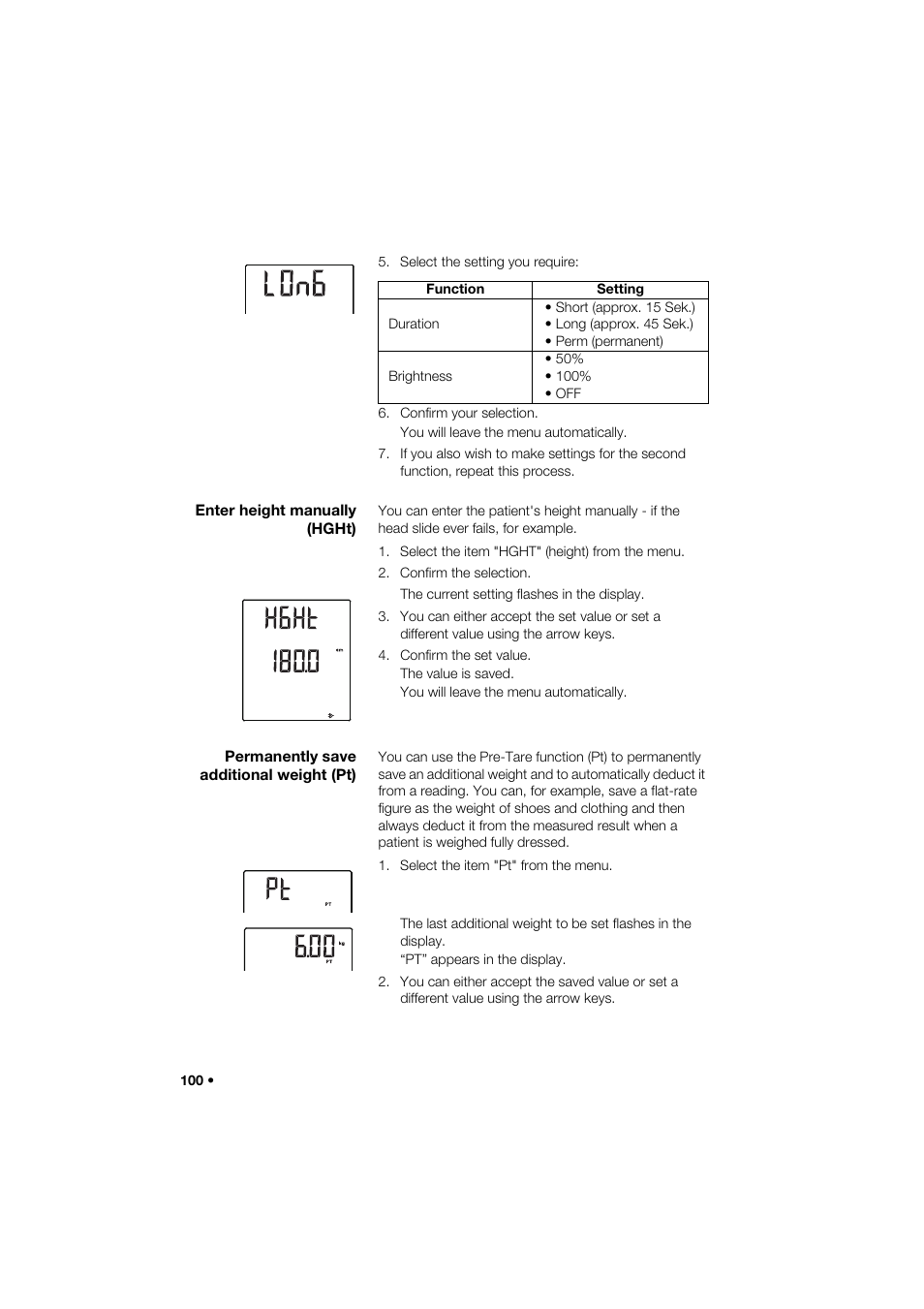 Enter height manually (hght), Permanently save additional weight (pt) | Seca 285 User Manual | Page 100 / 451